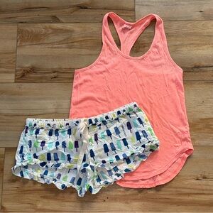 PINK Victoria's Secret Neon Coral Tank Top Small Pajamas Set Popsicle Shorts